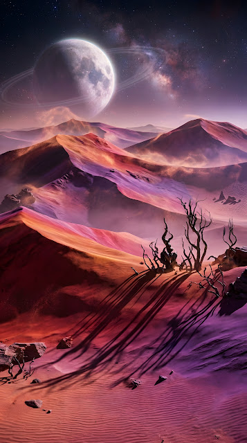 Surreal Alien Desert with Multi-Colored Dunes and Giant Moon - Free mobile Wallpaper