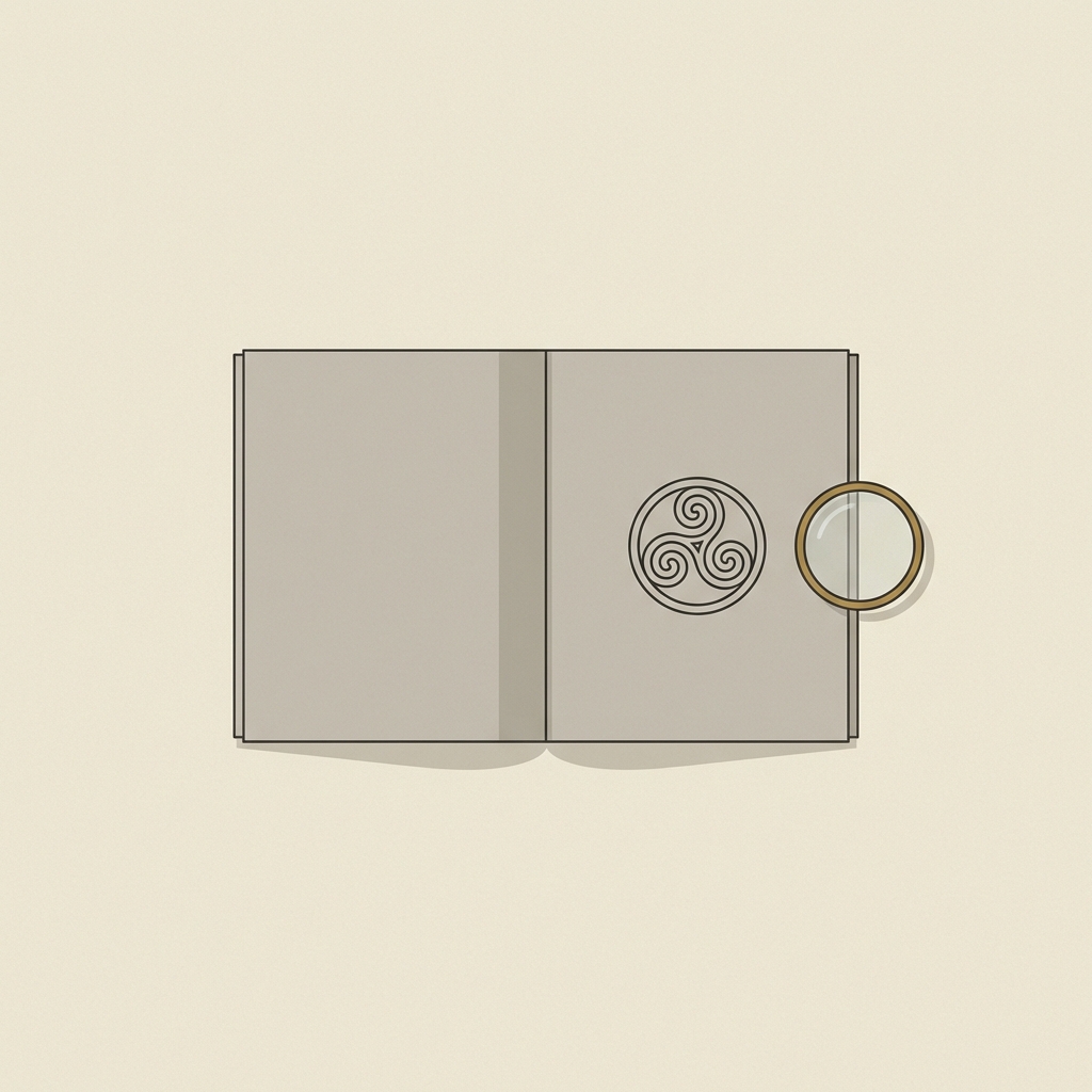Minimalist 2D vector of open museum catalog pages showing a triskelion ring drawing with a conservator magnifying loupe in Aurora Antiqua palette triskelion ring meaning
