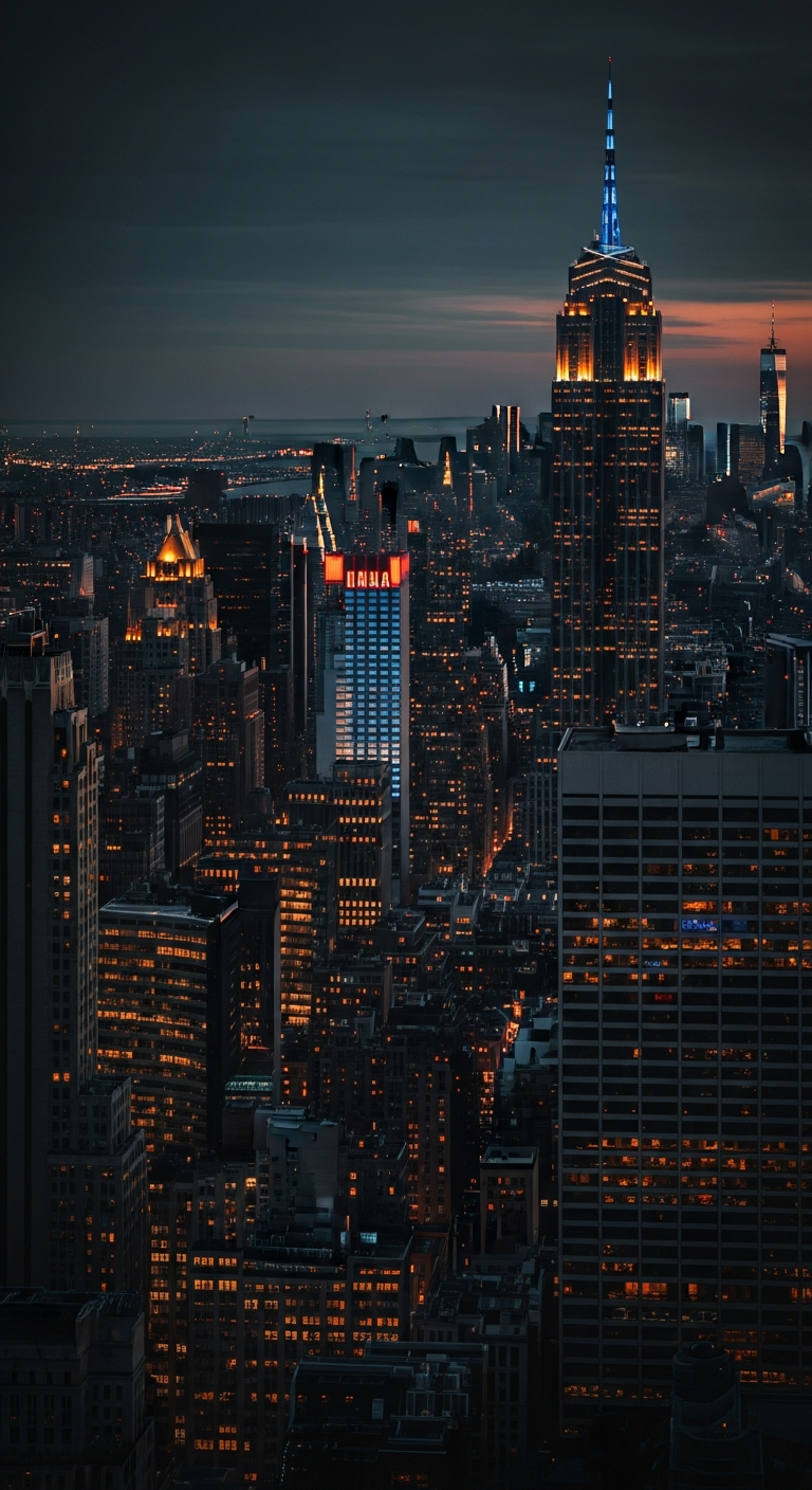 High Angle Night View of Midtown Manhattan Skyline with Illuminated Neon Signs and City Lights - Free 4K mobile Wallpaper