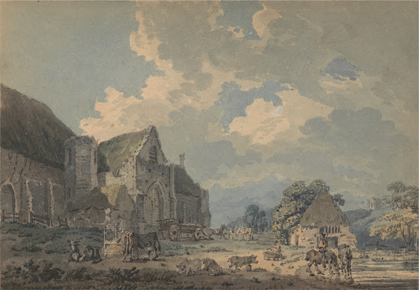 The Tithe Barn at Abbotsbury with the Abbey on the hill ca 1795