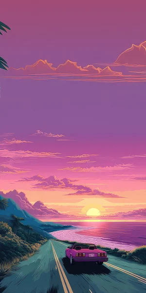 Synthwave, Sunset, Palms, Seascape 4K Wallpaper Background