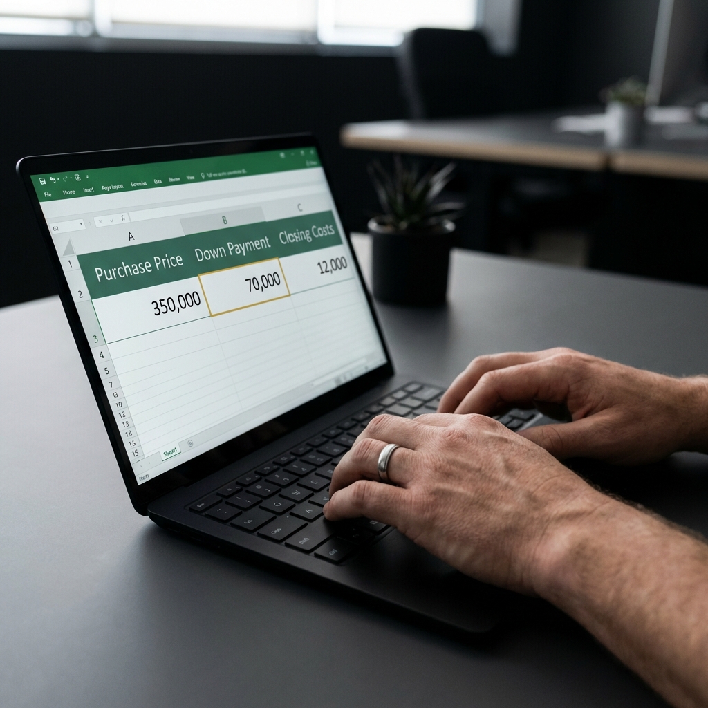 Close up of hands filling a laptop spreadsheet showing purchase price down payment and closing costs how can i buy a rental property