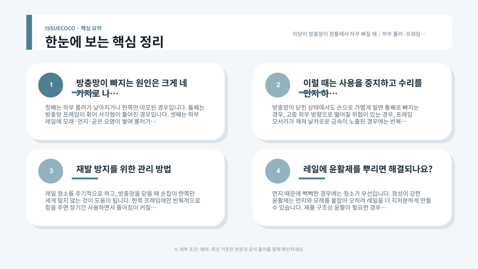 방충망 하부 롤러 프레임 레일 오염과 변형을 순서대로 확인하는 핵심 점검 흐름