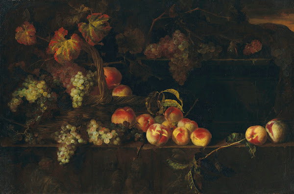 Grapes and peaches in a wicker basket with other fruit on a ledge a landscape be