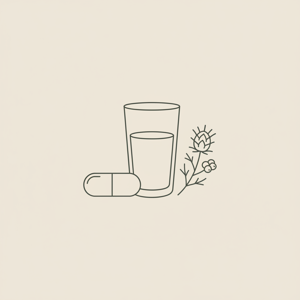 Tonum-style line illustration of capsule, water glass, and milk-thistle sprig on beige background, visual for what over the counter works like Ozempic