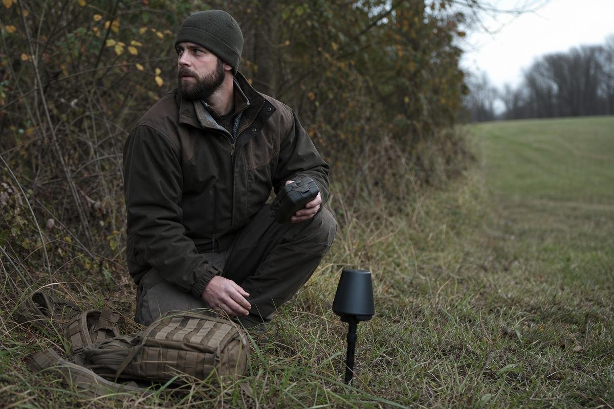 Denison coyote calling setup with wind-aware shooting lanes