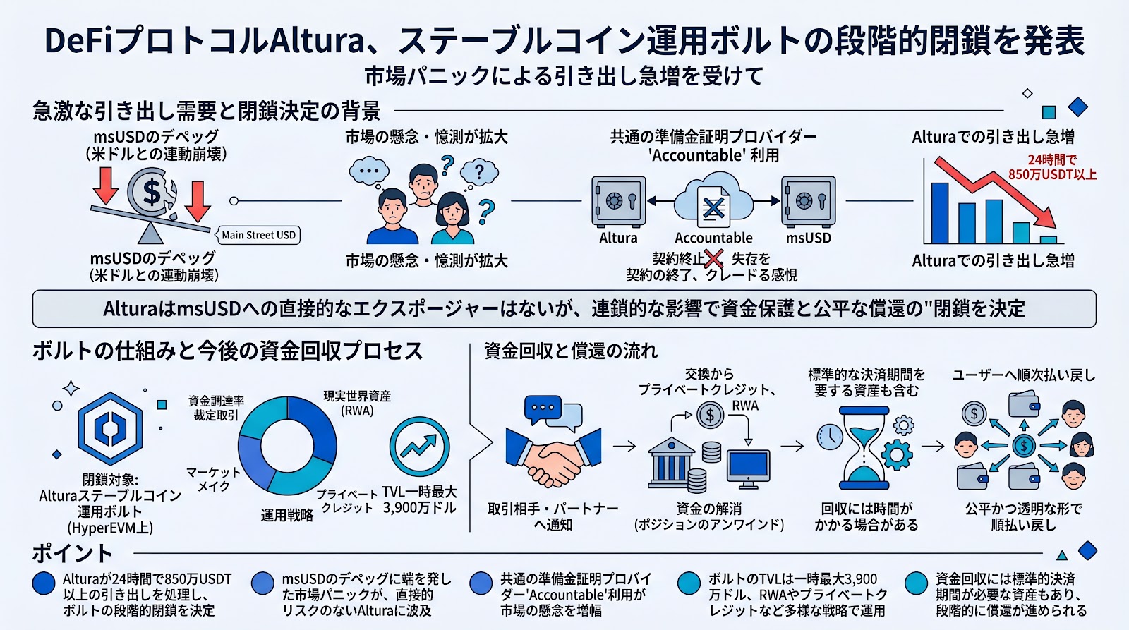 DeFiプロトコルAltura、ステーブルコイン運用ボルトの段階的閉鎖を発表　市場パニックによる引き出し急増を受けて