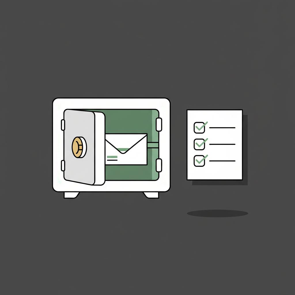 Minimalist 2D vector of an open safe deposit box containing a blank labeled envelope and a nearby checklist page with three checkbox icons in brand colors conveying fidelity crypto custody safety