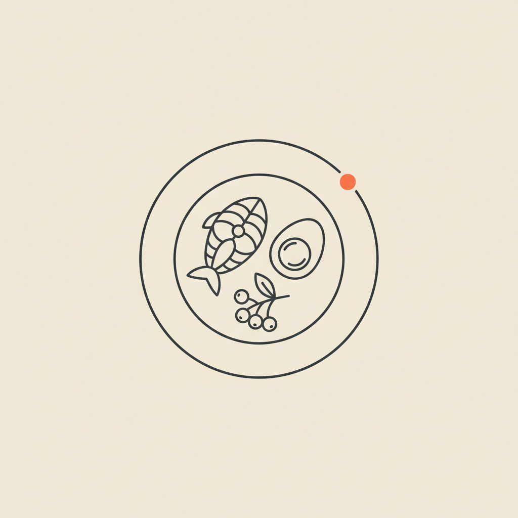 Plate line illustration with fish, egg, and berries on beige background - how to lose 20 lbs in a month