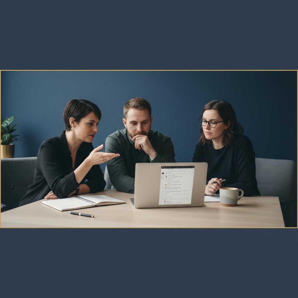 Small team reviewing customer messages around a laptop in a minimalist low-key office with Orvus color tones, illustrating the downside of Squarespace in customer support.