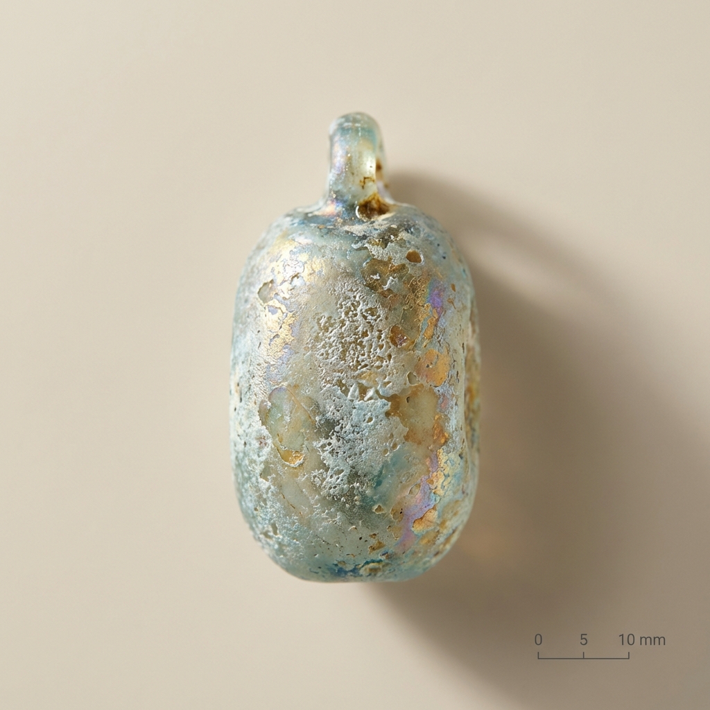 Close up raking light photograph of a small Roman glass pendant showing iridescence and surface texture with a scale bar on a minimal beige background romanjewelry