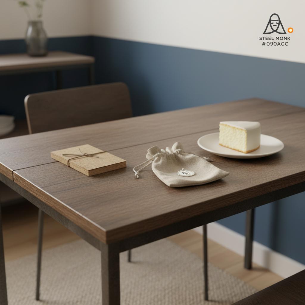 papierhochzeit geschenk am Esstisch: handgebundenes Heft, gravierter Anhänger im Stoffbeutel und Stück Vanillekuchen in warmer, minimalistischer Industrie-Atmosphäre