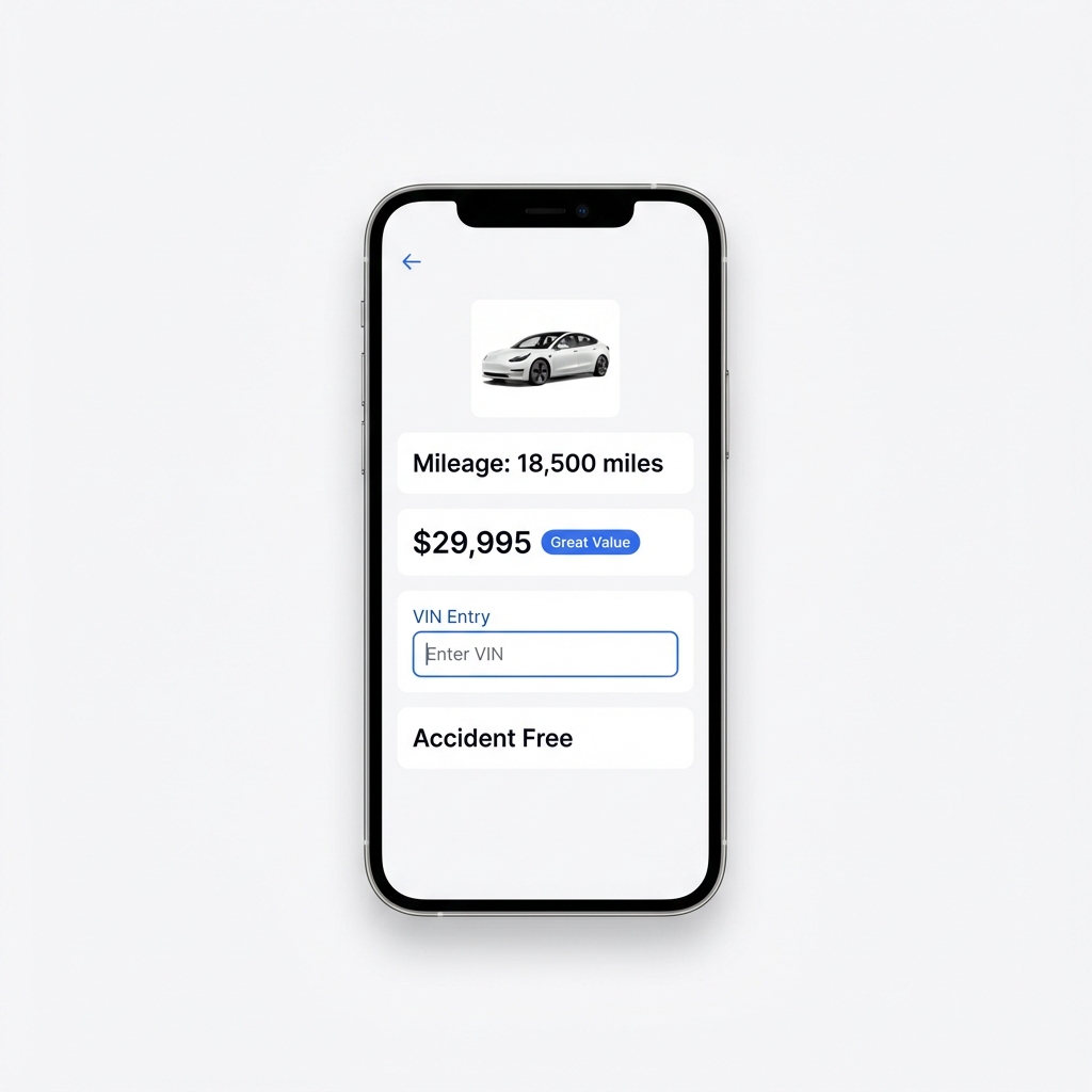 Close up mobile screen showing a used tesla for sale listing with mileage price analysis label and VIN entry field in CarFax Deals minimalist blue and white design