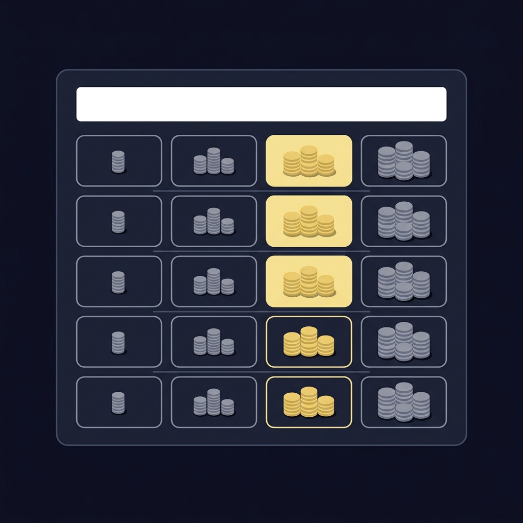Minimalist vector spreadsheet with increasing coin stacks and nine coin groups per cell illustrating nine times payouts in a Funded Plays palette 80 to 1 odds
