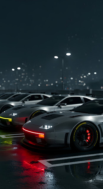 Gritty Cyberpunk Sports Cars Close-up in Rainy City Night - Free mobile Wallpaper