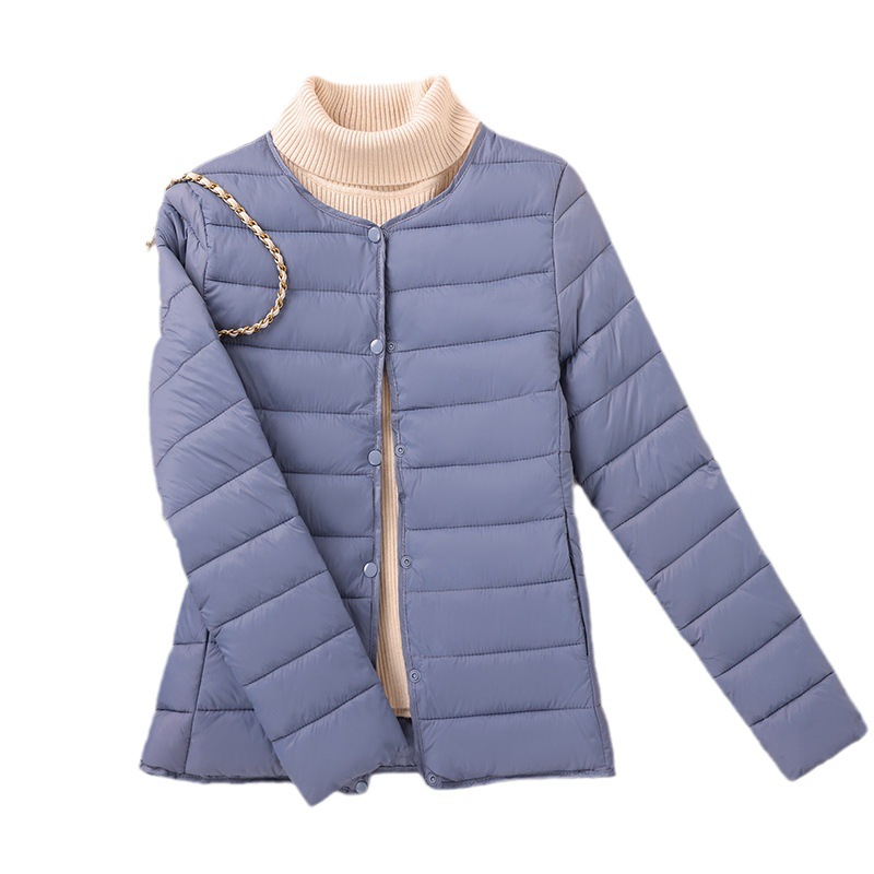 Lightweight, short women's padded jacket without a collar