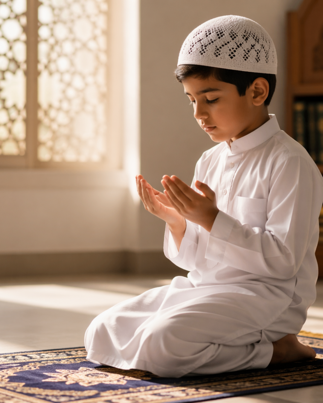Boy wearing shalwar kameez offering Namaz