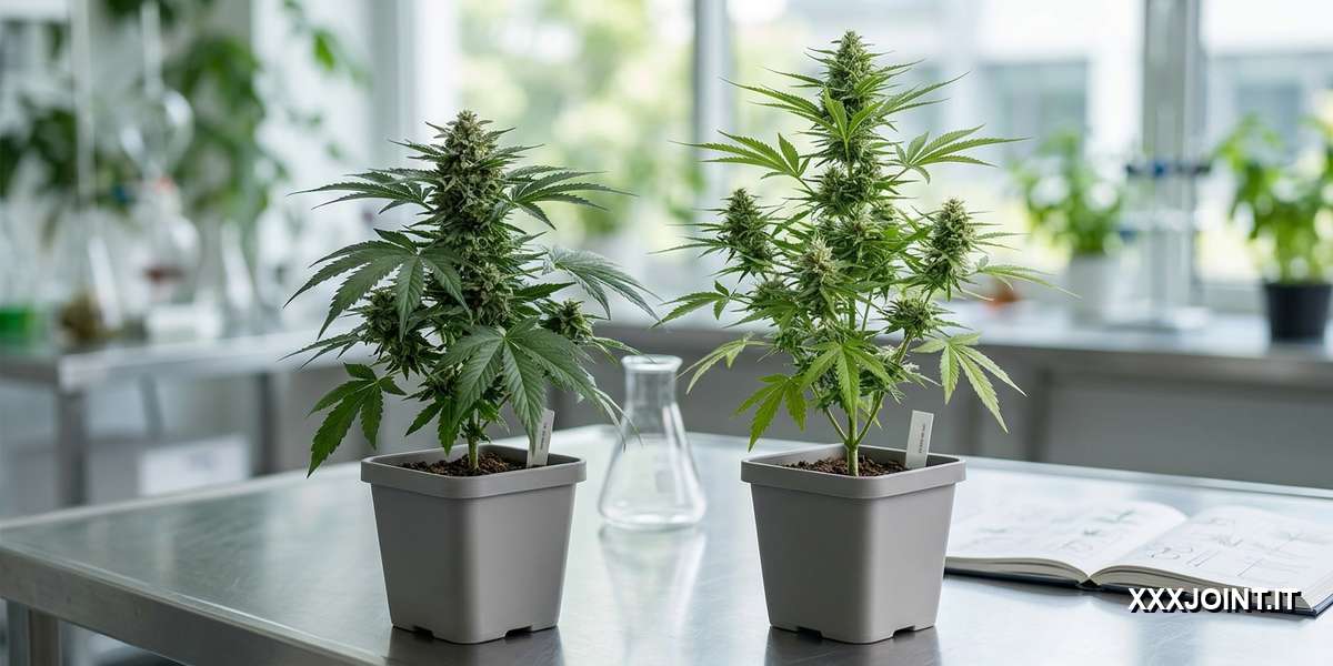 Piante ibride di cannabis in laboratorio botanico.
