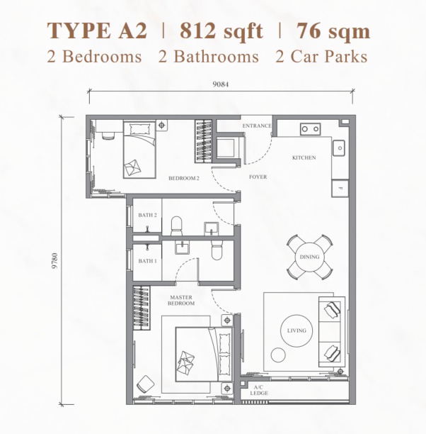 River Park Type A2 floor plan — 904 sq ft, 3 bedrooms