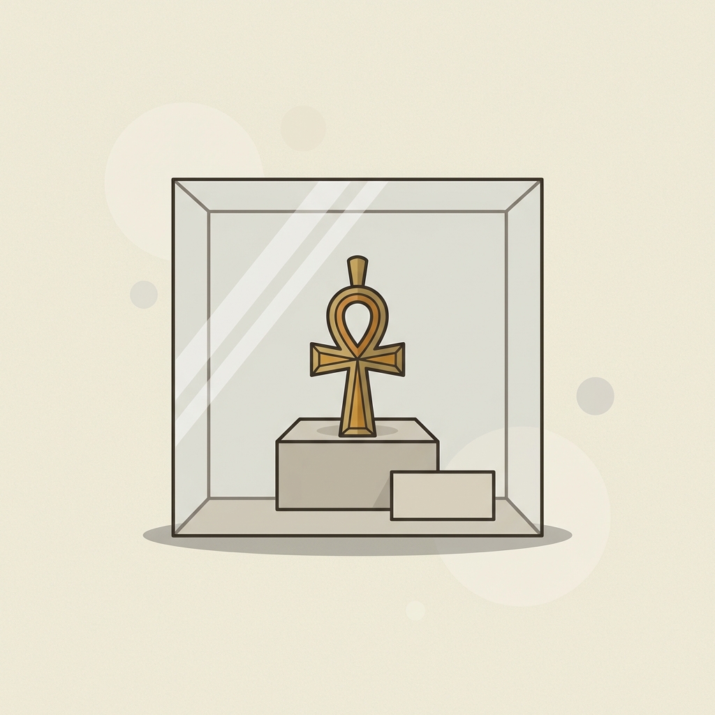 Minimalist 2D vector museum display of a Coptic ankh pendant on a pedestal with a blank label in soft focus, clean neutral palette evoking ankh ring meaning