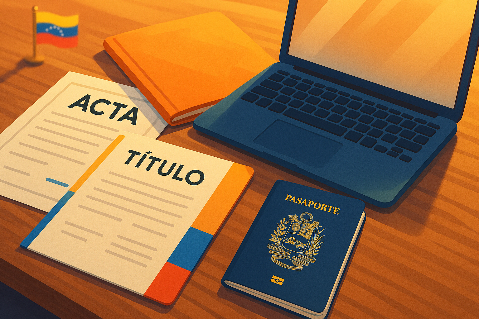 Apostillar documentos venezolanos desde el exterior: papeles y pasaporte sobre una mesa