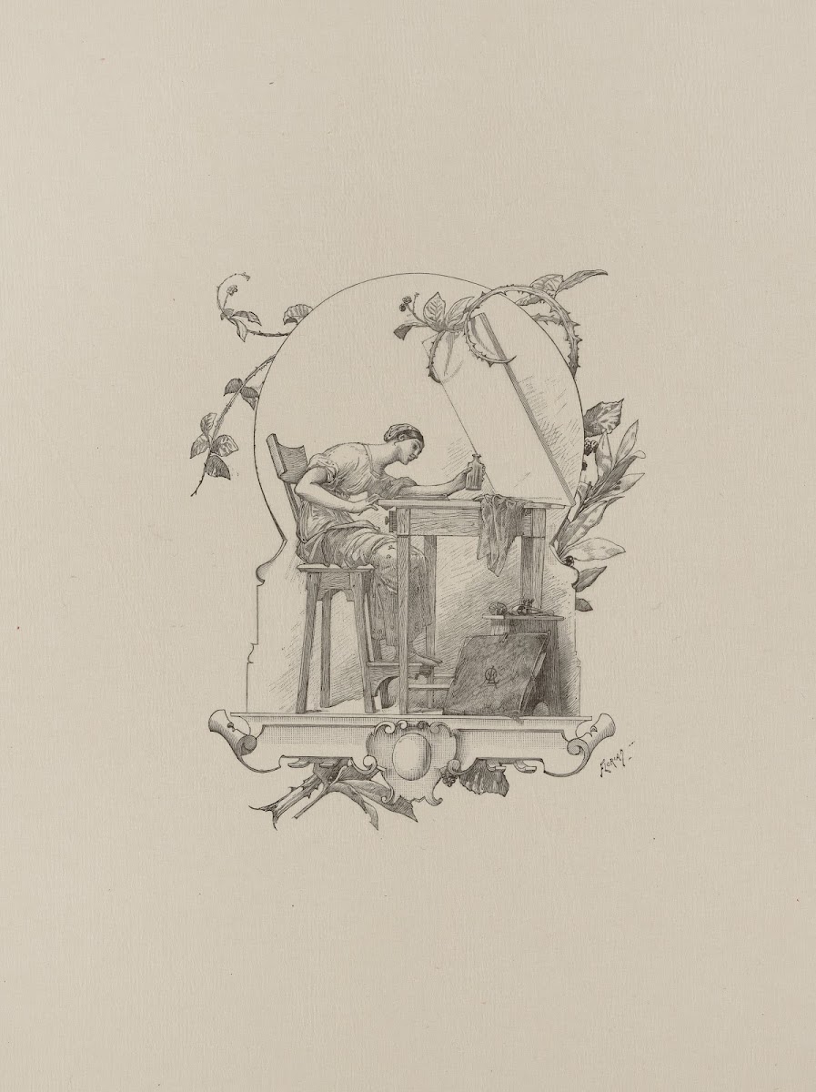 Woman seated at artists table
