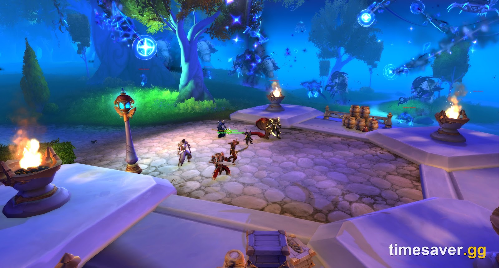 A five-player group fighting trash mobs in a WoW Midnight dungeon courtyard