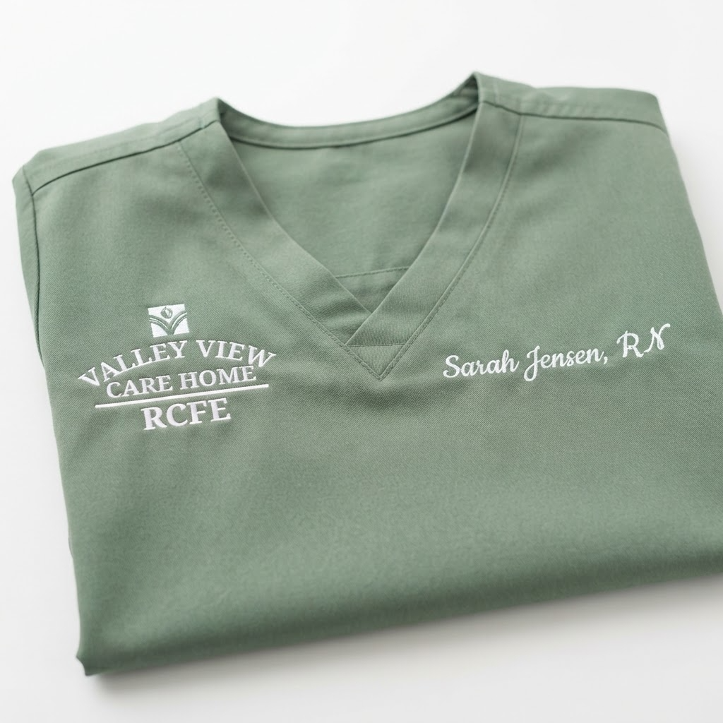 Embroidered sage green scrub top with facility logo and RN staff name stitching