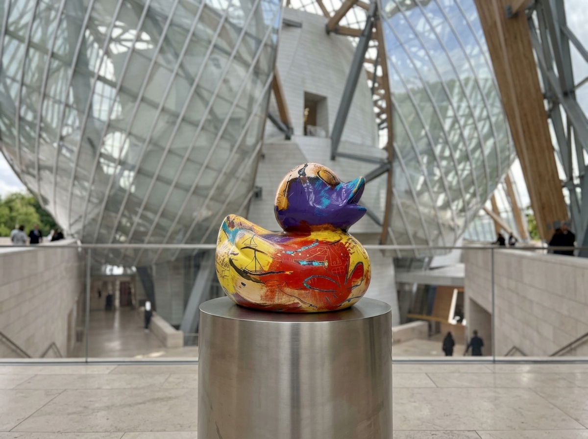 Visiteurs contemplant des sculptures contemporaines dans une institution d'art français, espace lumineux et épuré