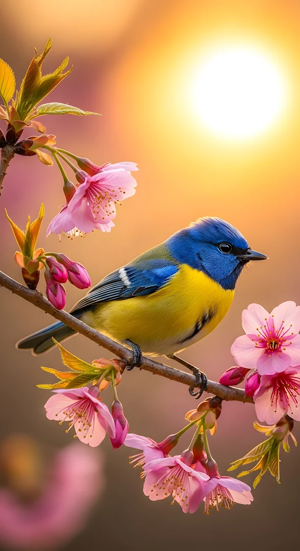 Vibrant Blue and Yellow Bird on Pink Cherry Blossom Branch