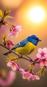 Vibrant Blue and Yellow Bird on Pink Cherry Blossom Branch