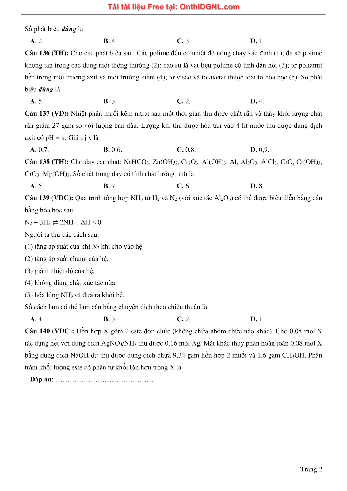 260 bài tập môn Hóa học - Ôn thi ĐGNL ĐHQG Hà Nội Phần 8