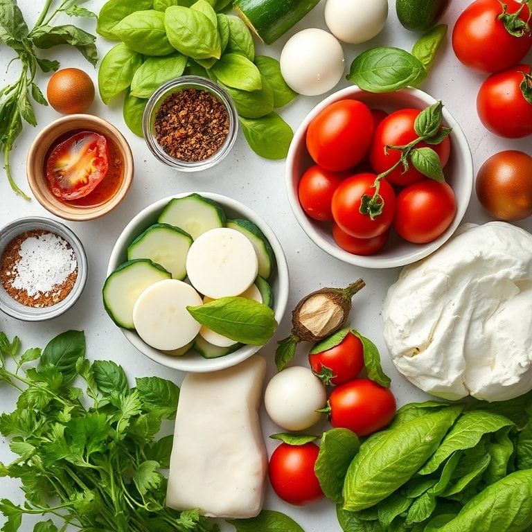 Ingredients for Fresh Cucumber Caprese Salad with Cherry Tomatoes and Mozzarella – Quick, Easy Homemade Side Dish