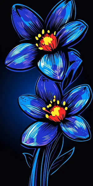 Blue Flowers, Floral Illustration, Botanical Art, Dark Bloom iPhone Wallpaper Background