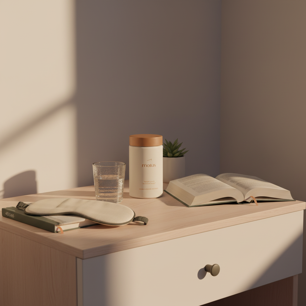 Minimalist nightstand with Tonum supplement jar, glass of water, folded sleep mask and open book in soft evening light suggesting magnesium benefits daily bedtime routine.