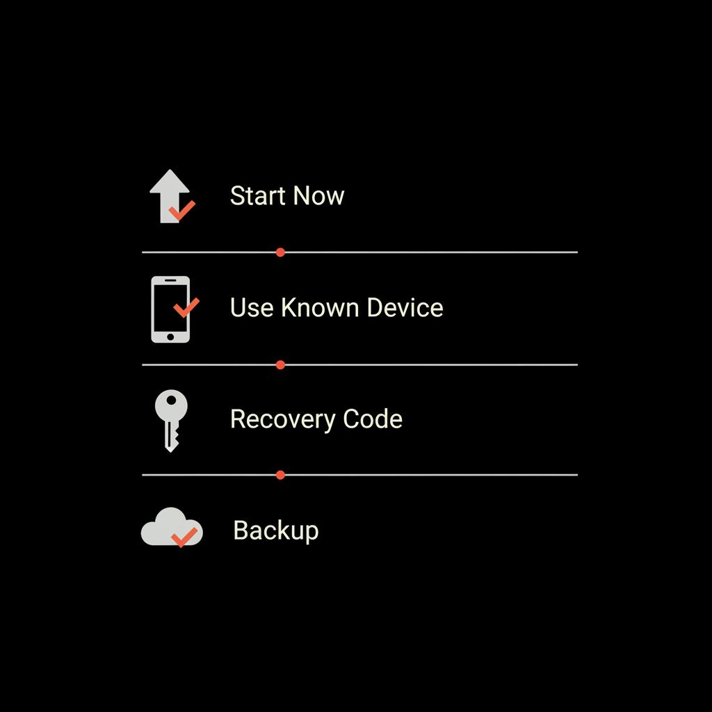 Minimal full-frame infographic checklist to recover permanently deleted Google account: Start Now, Use Known Device, Recovery Code, Backup on black background with gray icons and orange accents