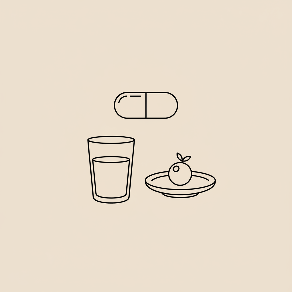 Minimal Tonum-style line illustration of a capsule, a glass of water, and a small plate with a berry on beige background — do fat burners work