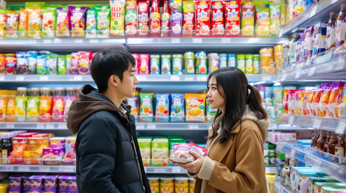 2025년 젤리다이어트 시장의 성장세를 보여주는 그래프와 다양한 저당·기능성 젤리 제품들이 대형 마트 진열대에 전시되어 있는 모습, 젊은 남녀가 제품을 비교하며 고민하는 장면, 글로벌 브랜드 패키지가 보임