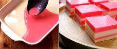 Đổ lớp màu trắng vào khuôn, tiếp theo đổ lớp màu hồng lên trên. Có thể thêm bao nhiêu lớp tùy ý. Miễn là cứ một lần đổ thêm một lớp lên phải để trong tủ lạnh ít nhất 15 phút cho đông lại. Cuối cùng để trong tủ lạnh 2 tiếng là có rau câu dừa bắt mắt thơm ngon để thưởng thức kèm với trân châu.