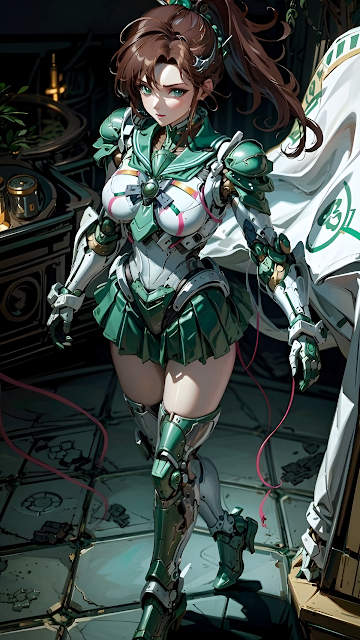 Mecha Anime Girl in Green and White Power Armor