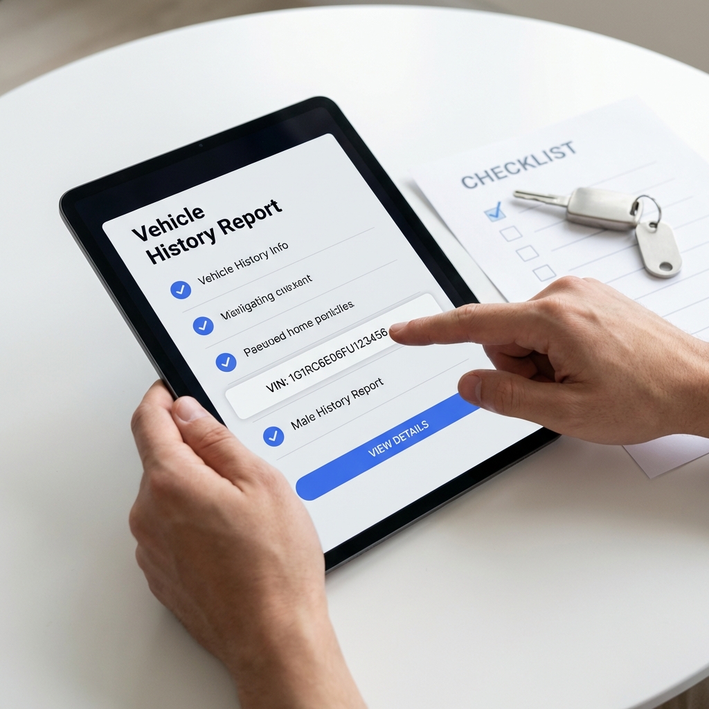 Close tablet view of a vehicle history report with checklist and car key, hands pointing to the VIN field on screen, clean white background, used cars near me under 10000