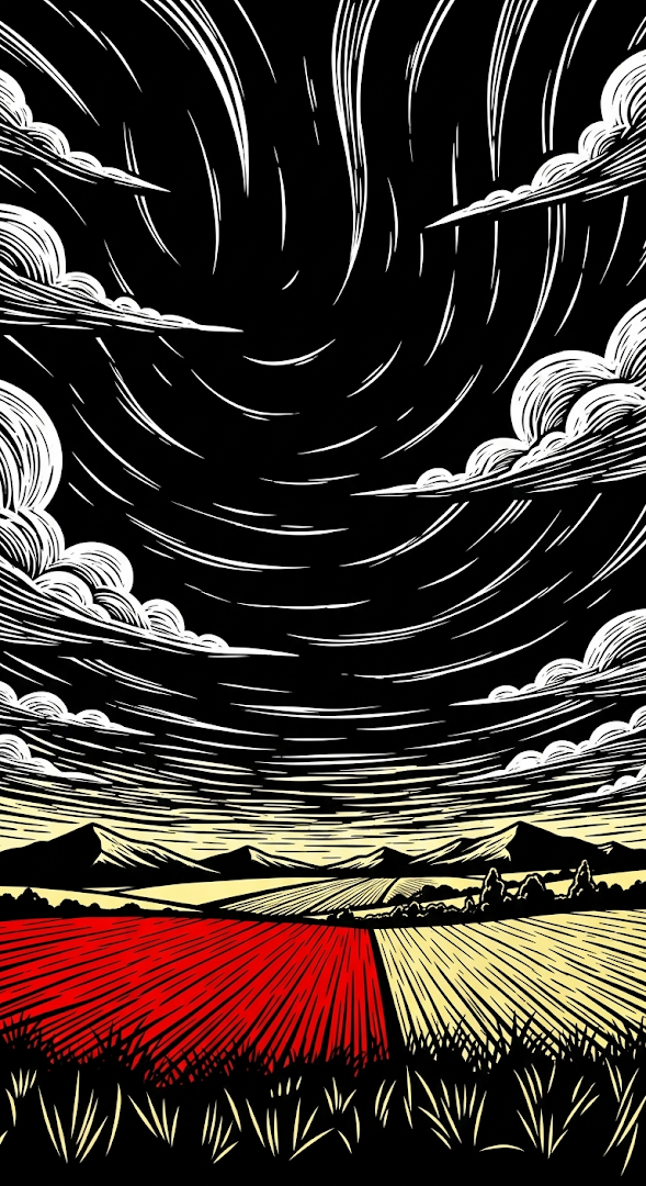 Stylized Graphic Illustration of a Stormy Farmland Landscape with Red Field and Black Sky