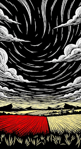 Stylized Graphic Illustration of a Stormy Farmland Landscape with Red Field and Black Sky