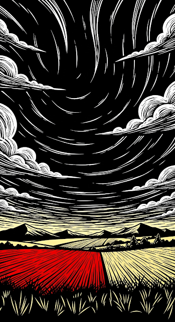 Stylized Graphic Illustration of a Stormy Farmland Landscape with Red Field and Black Sky - Free mobile Wallpaper