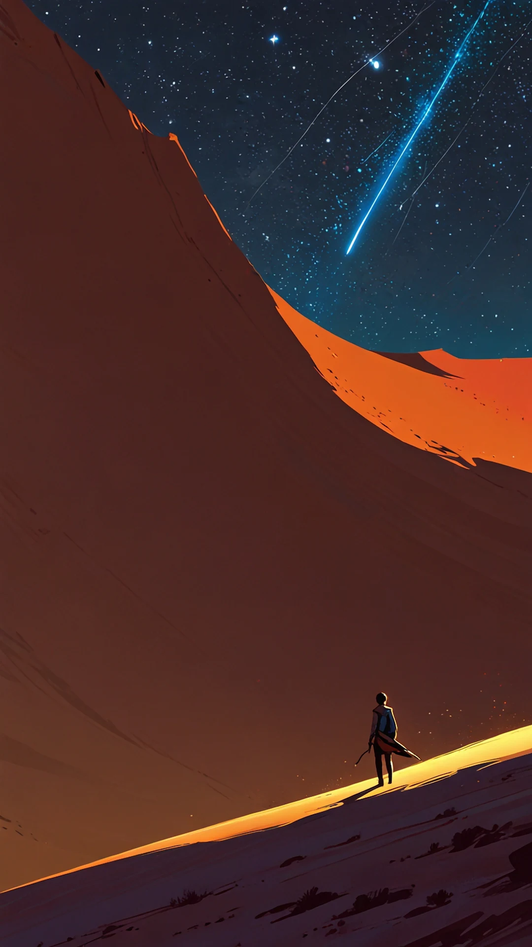 Solitary Traveler on Desert Dune Watching Blue Meteorite - Free 4K mobile Wallpaper