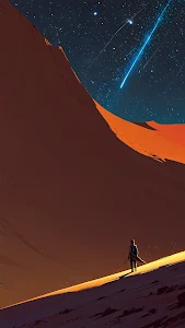 Solitary Traveler on Desert Dune Watching Blue Meteorite