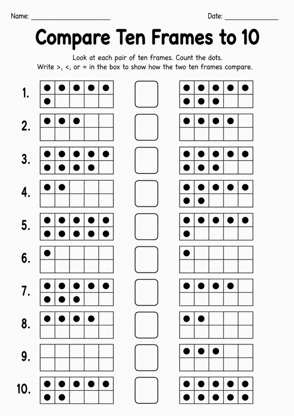 Compare Ten Frames to 10 Worksheet
