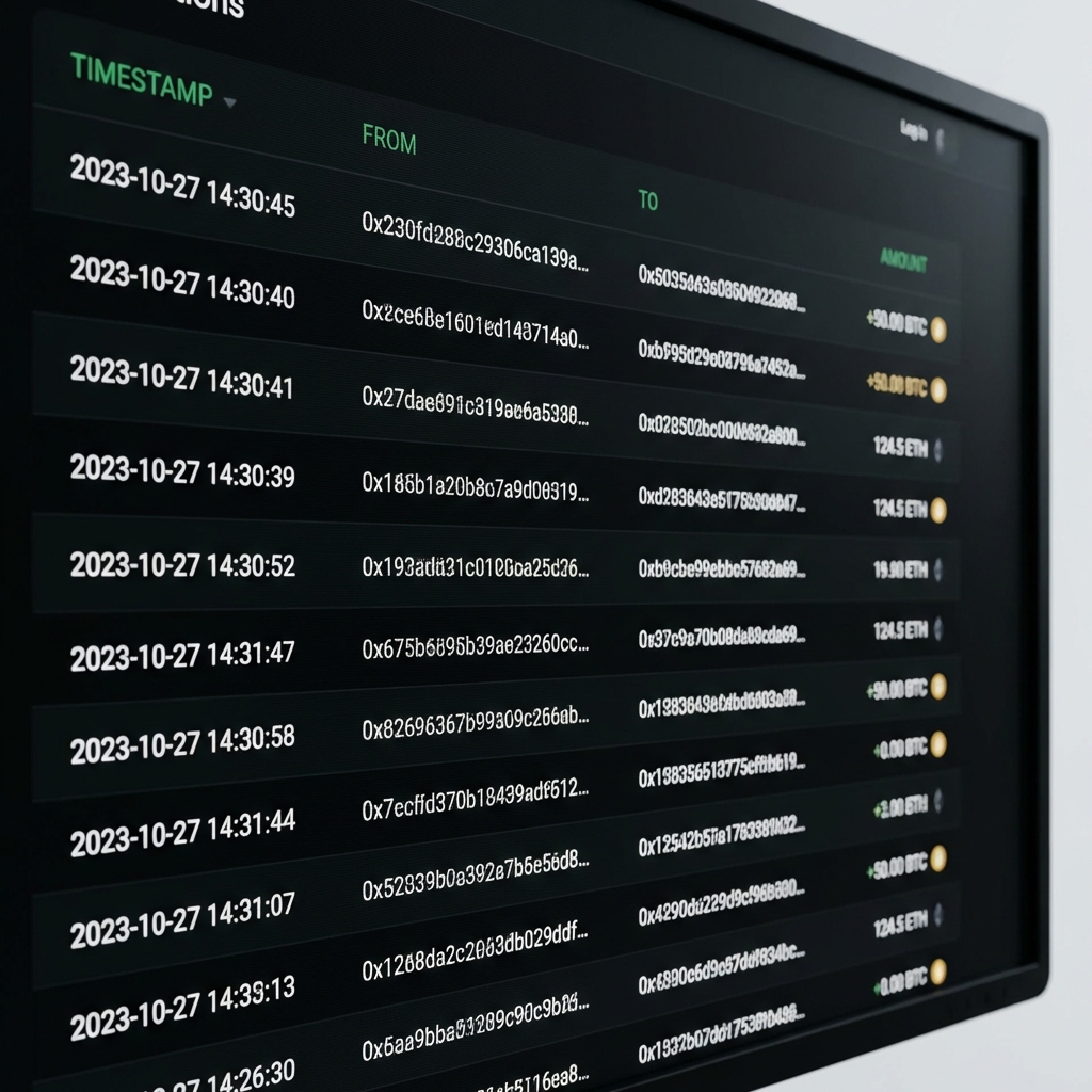 Close up computer screen showing blockchain explorer with transfer timestamps and amounts minimalist Finance Police style dark background 0f0f0f green accents Tesla bitcoin sale