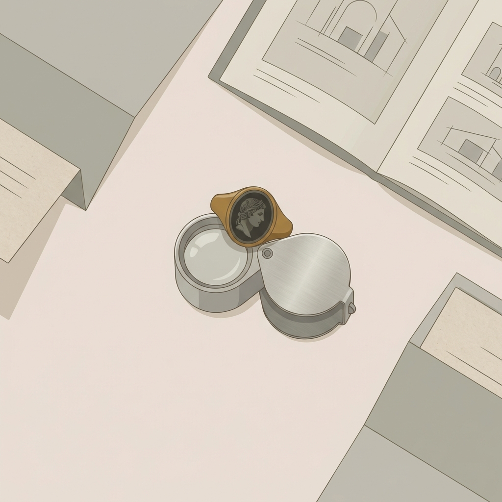 Minimalist 2D vector still life of a roman intaglio ring on a jeweler loupe beside provenance documents and a catalog page on a warm beige Aurora Antiqua background