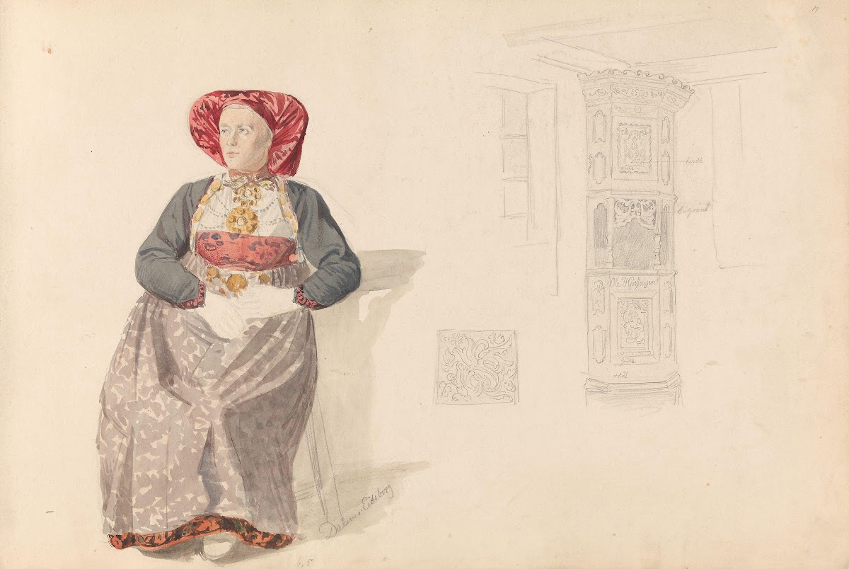 Sittende kvinne Dalen i Eidsborg interiør med hjørneskap 1857